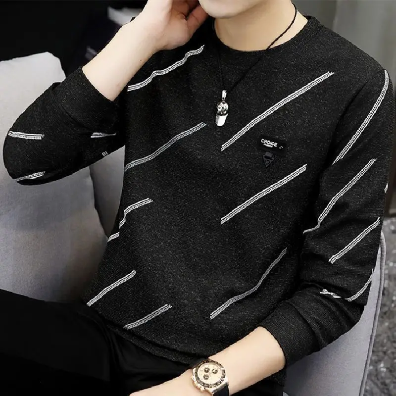 Men's All-match Street Casual T Shirts Long Sleeve Striped Print Plus Size Trend Tops Spring Autumn Vintage Fashion Men Clothing