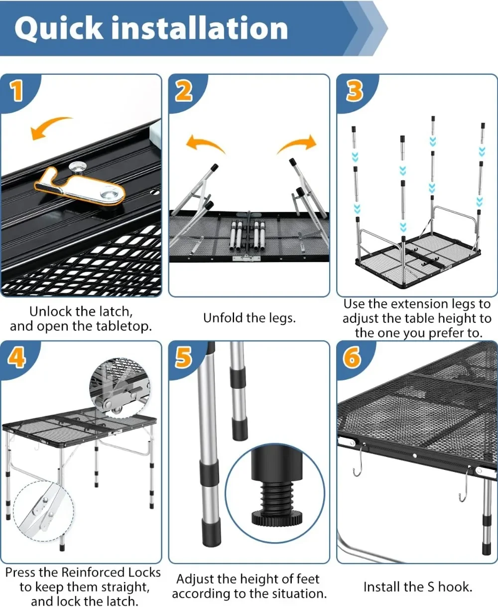 Mesa plegable, mesa de camping de altura ajustable con 2 ganchos, mesa de parrilla portátil de aluminio liviana y compacta para exteriores