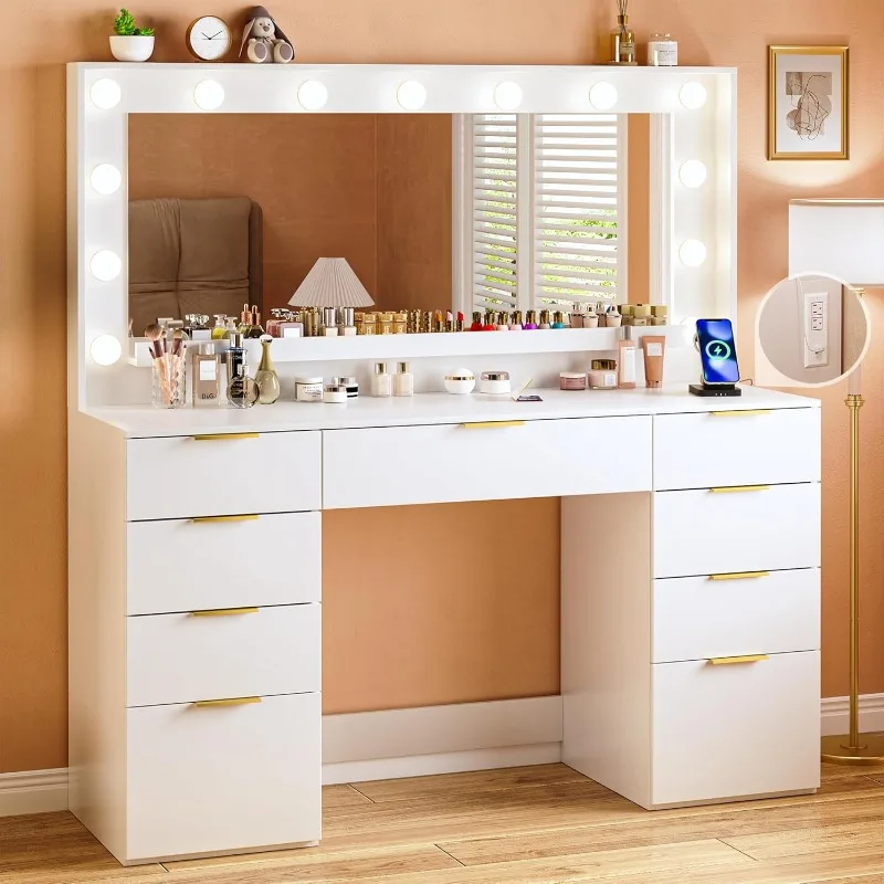 Vanity Desk with Large Mirror and Lights,45.3in Makeup Vanity with Power Outlet 9 Drawers & Storage, 3 Lighting Color Adjustable