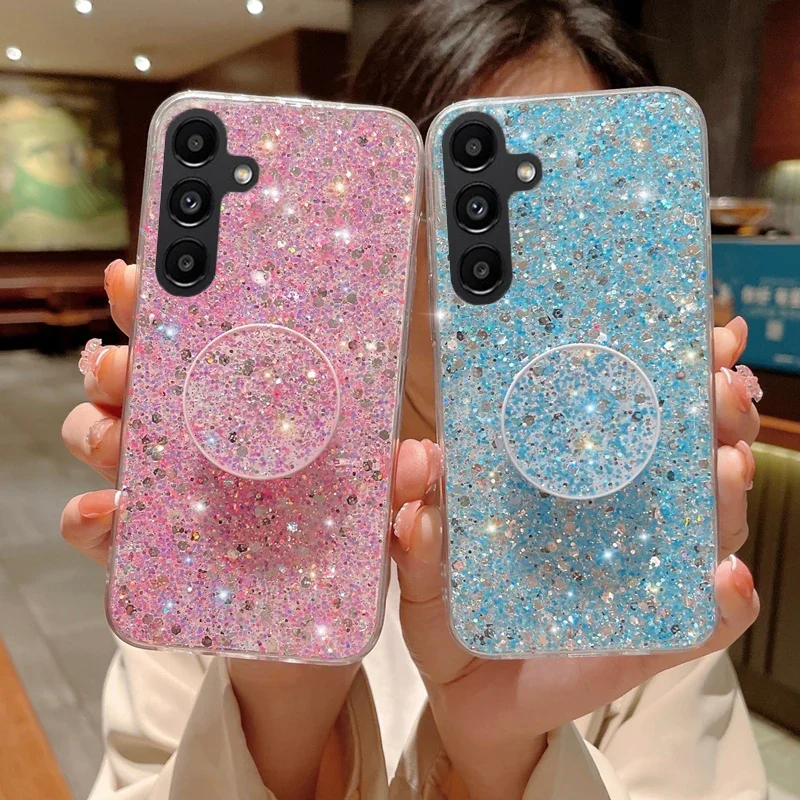 Shiny Glitter Gypsophila phone holder Case For Samsung Galaxy A15 A25 A35 A55 5G Bling Gold Silver Foil Silicone Cover