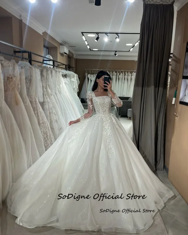 SoDigne A-line Glitter Tulle Wedding Dresses Square Collar Full Sleeves Bridal Dress Appliques Long Wedding Gown ﻿Customized