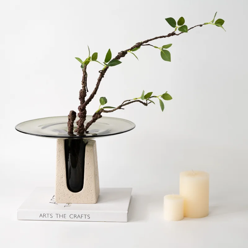 

Color matching glass high-footed fruit plate, coffee table ornament, high-end simple candy plate, dining table placement art fru