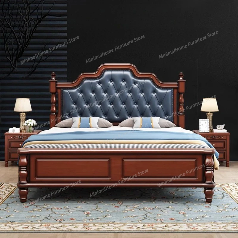

American Style Retro Solid Wood Double Beds Modern Minimalist Leather Wedding Bed Frame European Luxury Bedroom Furniture