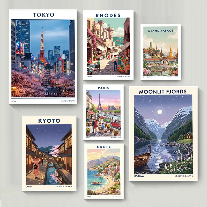 

Классические туристические постеры с видами на города Китая, Японии, Испании, Южной Кореи, Греции и пляжи, алмазная живопись, настенные картины для гостиной, декор для дома