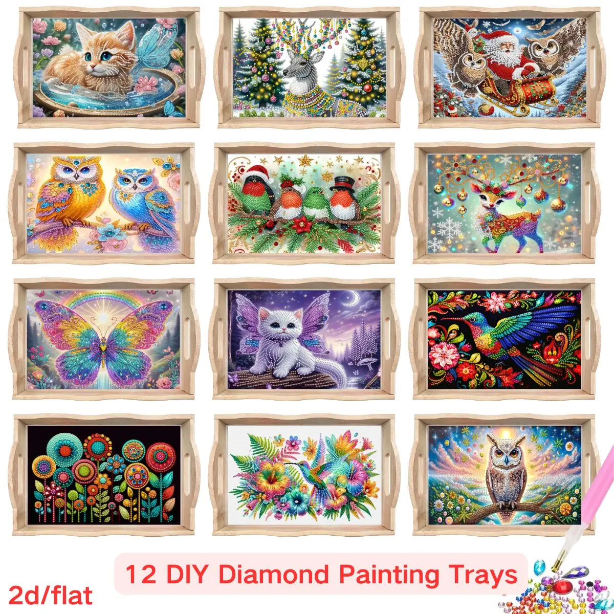 

A DIY diamond painting square tray set with cute animal patterns - a creative desktop organizer perfect for holiday parties.