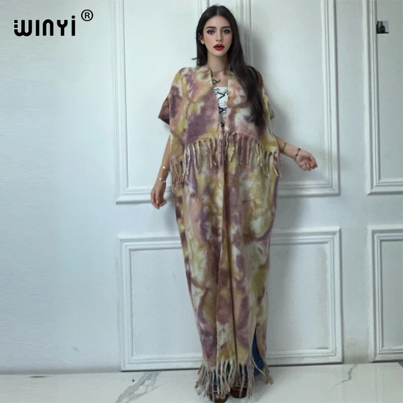 WINYI Winter Wholesale African cardigan Tie-dye print abaya outfits for women Fringed coat Open Front Kimono long down cloak