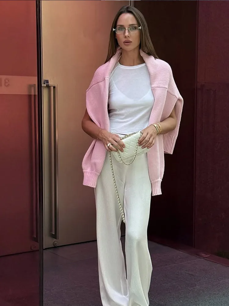 Sweet Pink Women Kintted Pullover Elegant Solid Round Neck Long Sleeve Loose Sweater Lady Autumn Daily Commute Office Pullovers