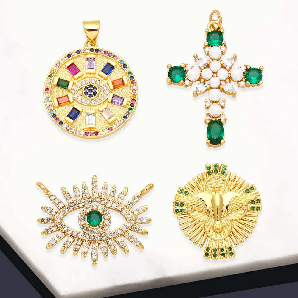Clearance Multicolor CZ Turkish Eye Medal Necklace Pendant Copper Gold Plated Beads Cross Eagle Jewelry Making Supplies pdta942