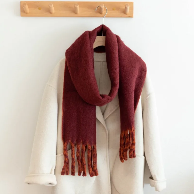 

European and American Autumn Winter Wool Double-Sided Solid Color Scarf for Women with Coarse Fringe Thickened Versatile Shawl