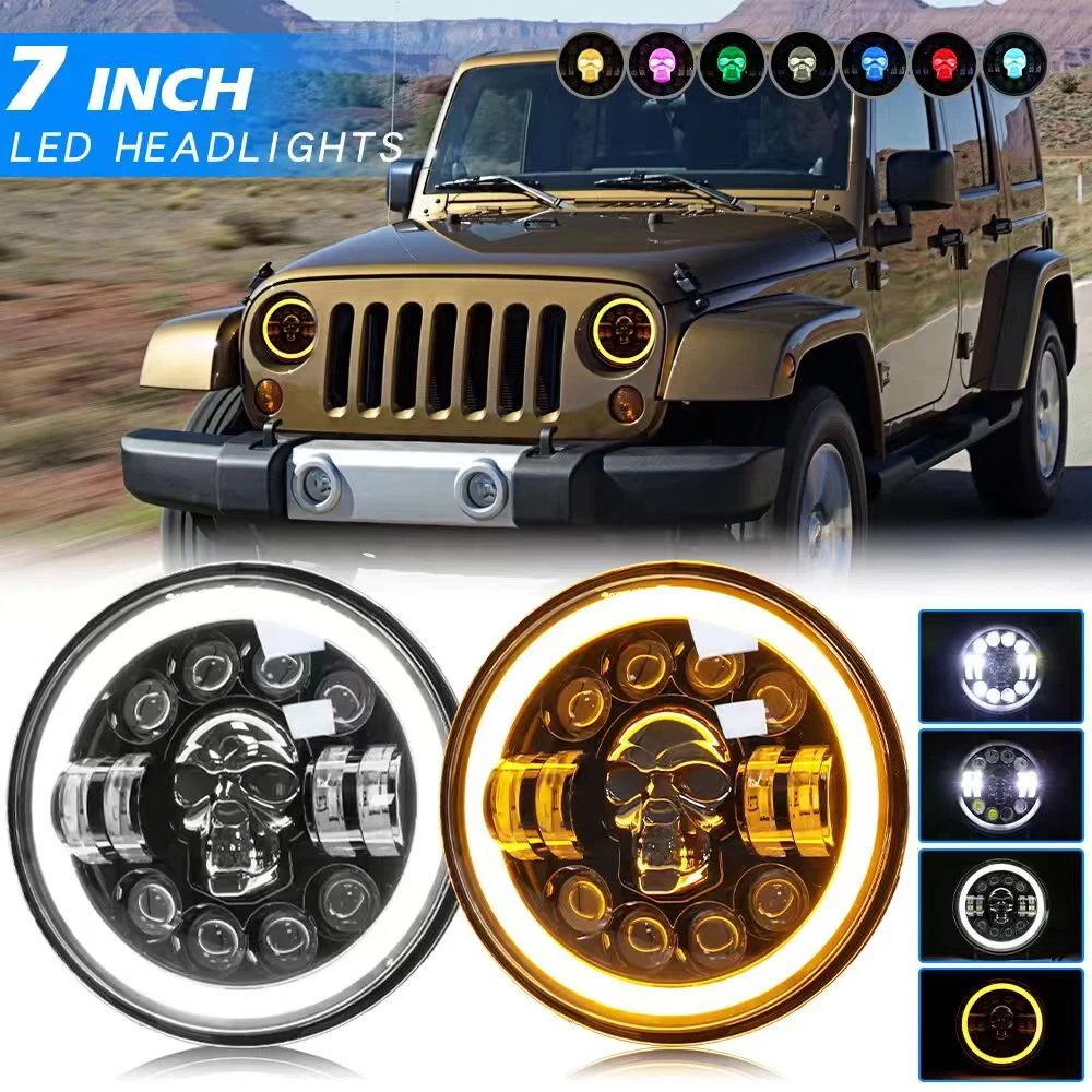 

7-дюймовые круглые светодиодные фары с автоматической сменой направления света, в виде черепа, для мотоциклов Harley Davidson и Jeep Wrangler