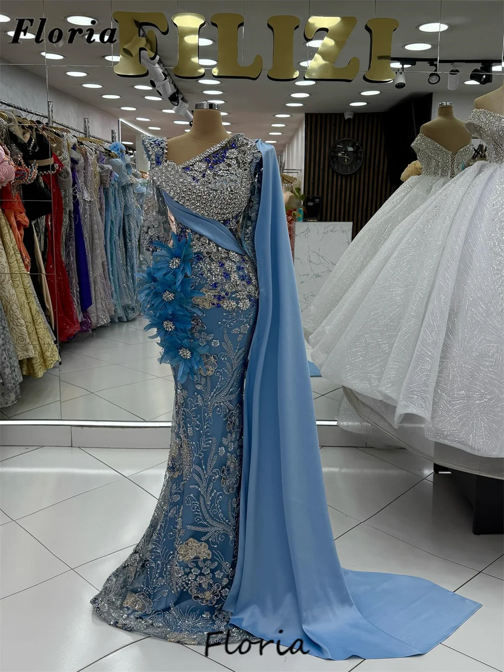 

Vintage Blue Beading Evening Dresses Slit Train Wedding Party Gowns Crystals Feathers Prom Dress Robes De Soiree Customized 2025