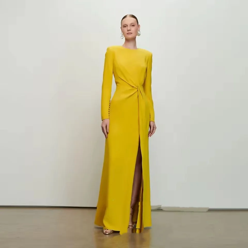 

Customized Elegant Evening Dresses Long Sleeves Slit Ruched O-neck Long Prom Dress Full Sleeve فساتين سهرة Maxi Party