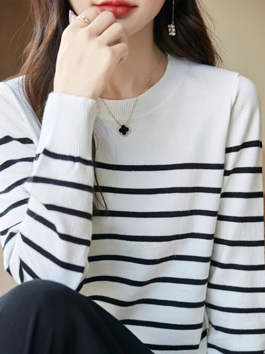 

Женский корейский свитер с длинными рукавами, в полоску, с круглым вырезом, модный, базовый, осенний, новый, вязаный, без застежек