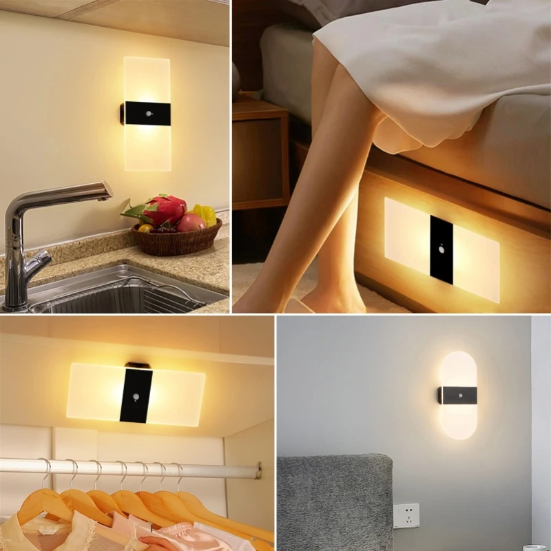 Motion Sensor Wireless LED Wall Lamp USB Rechargeable Acrylic Bedside Sconce Stairway Bedroom Decor Indoor Wall Lighting Fixture