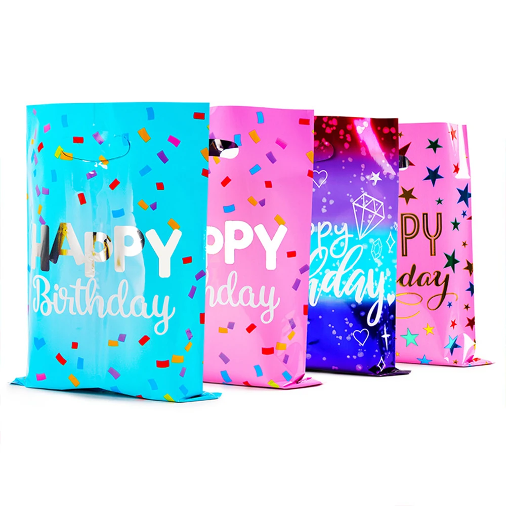 Happy Birthday Gift Bags, Plastic Candy Cookie Bags, Treat Bags, Pouch Package for Kids Birthday Party Decorations, Pink, Blue,