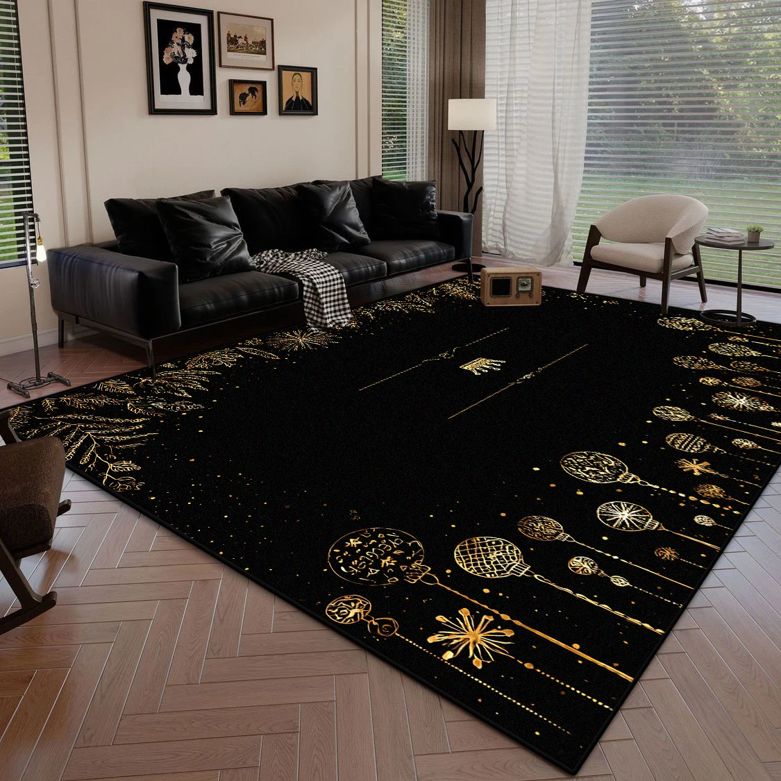 Black Carpet Living Room Christmas Gift Golden Snowflake Pattern Room Antiskid Bedside Rugs Easy Clean Large Area Sofa Table Mat