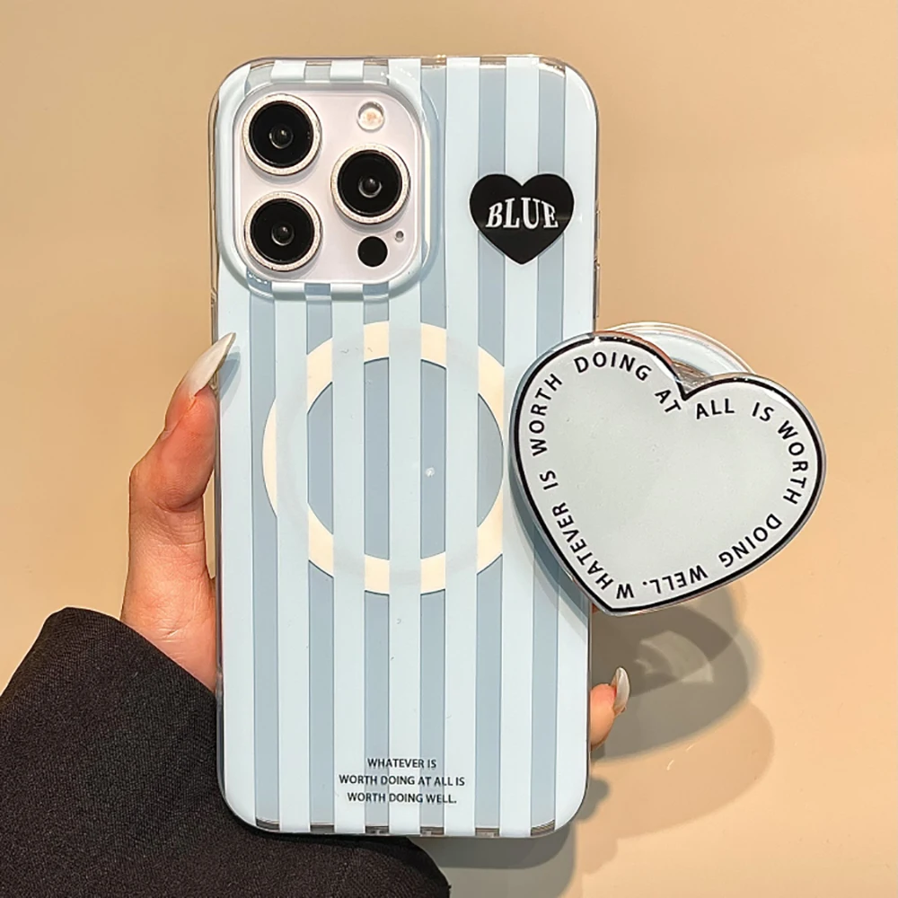 

Heart Cute Blue Stripes Magnetic Grip Tok Phone Case for IPhone 15 14 16 Pro Max 13 Wireless Charge Magsafe Stand Holder Cover