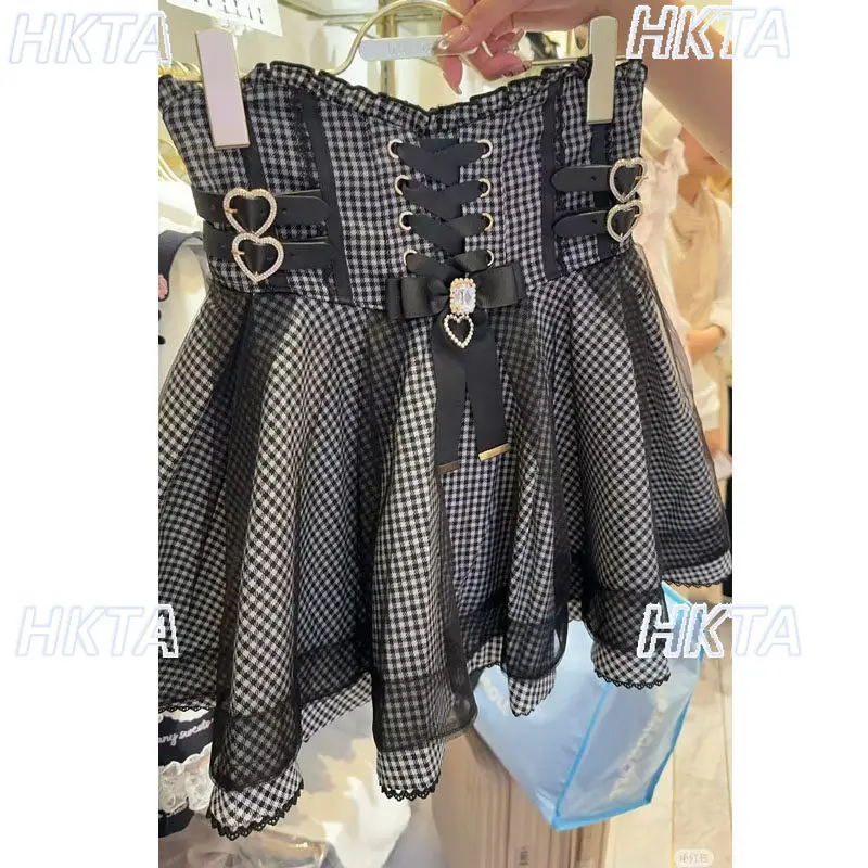 

Original Japanese Style Liz Skirt Women Girls Summer New Bow Short Skirts Lace Edge Heart Leather Buckle Skirt Jirai Kei Style