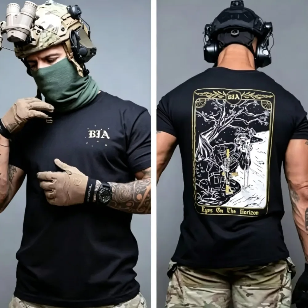 2026 New American Tactical Print T-shirt for Men, Ins Tough Style Loose Retro Round-neck Short-sleeved Trendy Top