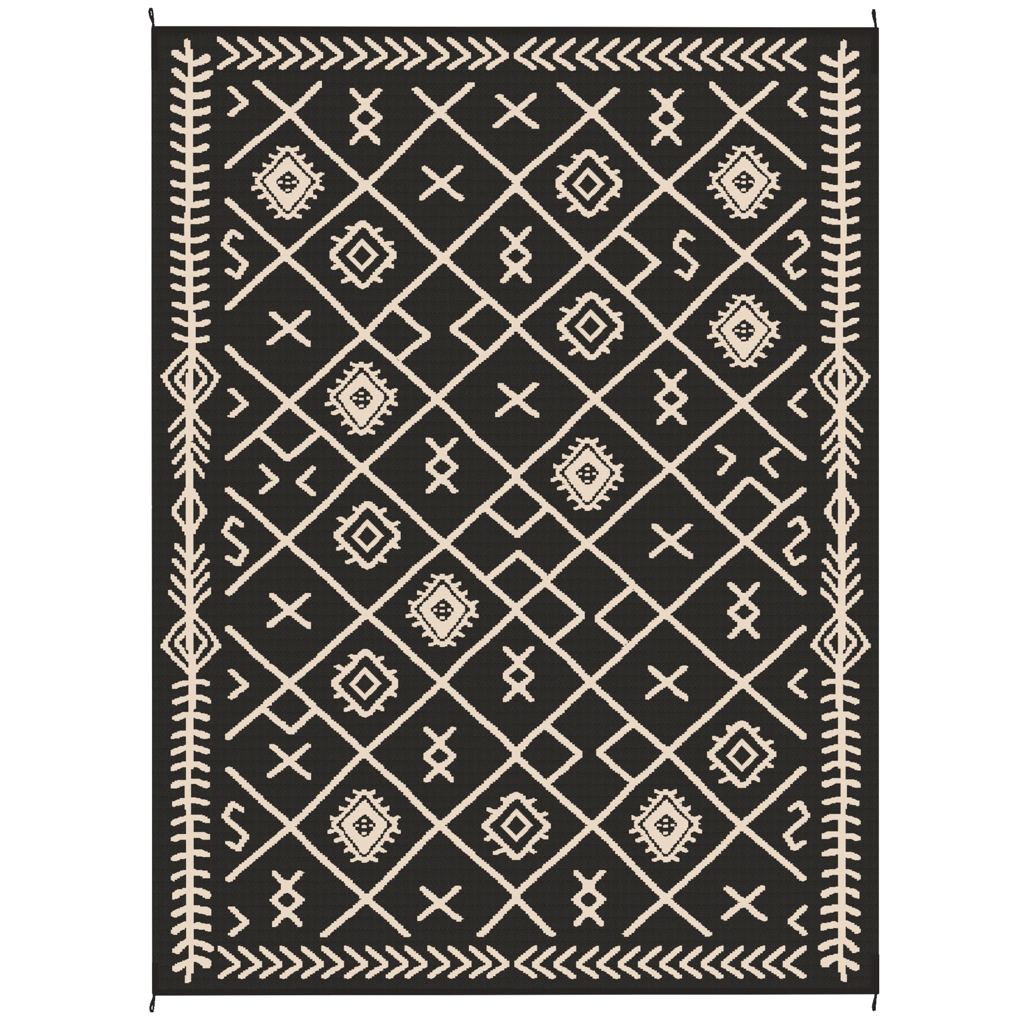 Outdoor Rug, 9' x 12' Floor Mat, Black Beige Rhombus