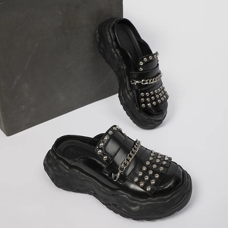 Sapatos Mary Jane rebites de corrente metálica para mulheres, baotou plataforma, meio chinelos, casual, sapatos de mula versáteis, mocassins, estilo punk, 34, 40