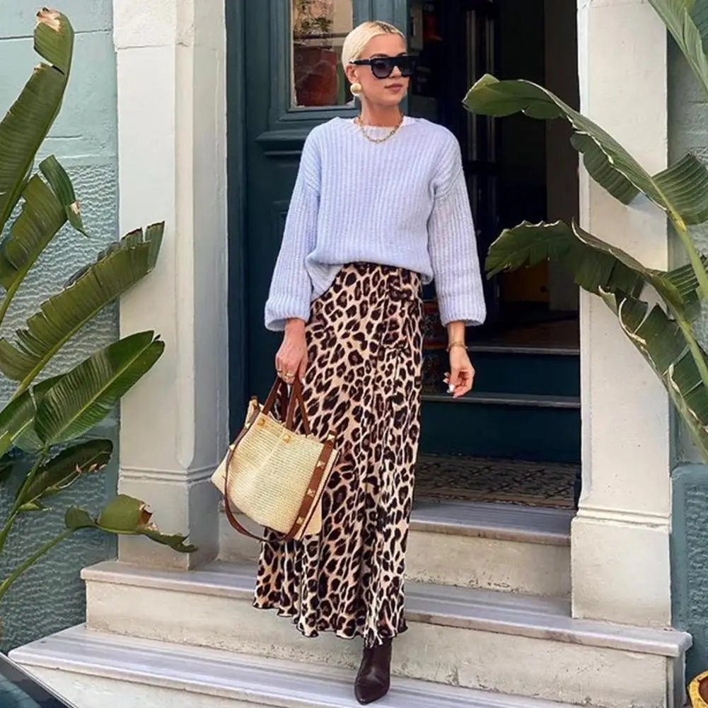 

High-waisted Leopard Skirt Leopard Print Maxi Skirt High-waist Flowy Hem with Belt Chic Commuting Style for Women Long Skirt