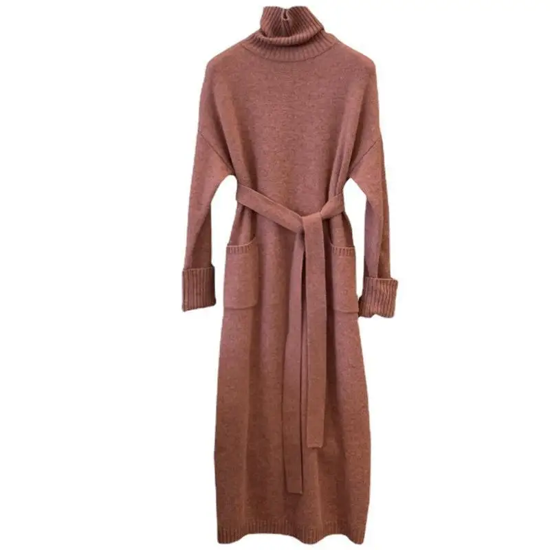 2024 autunno inverno donna Trendy semplice Lace Up dolcevita maglione vestito Midi Casual Chic manica lunga abiti lavorati a maglia di base allentati