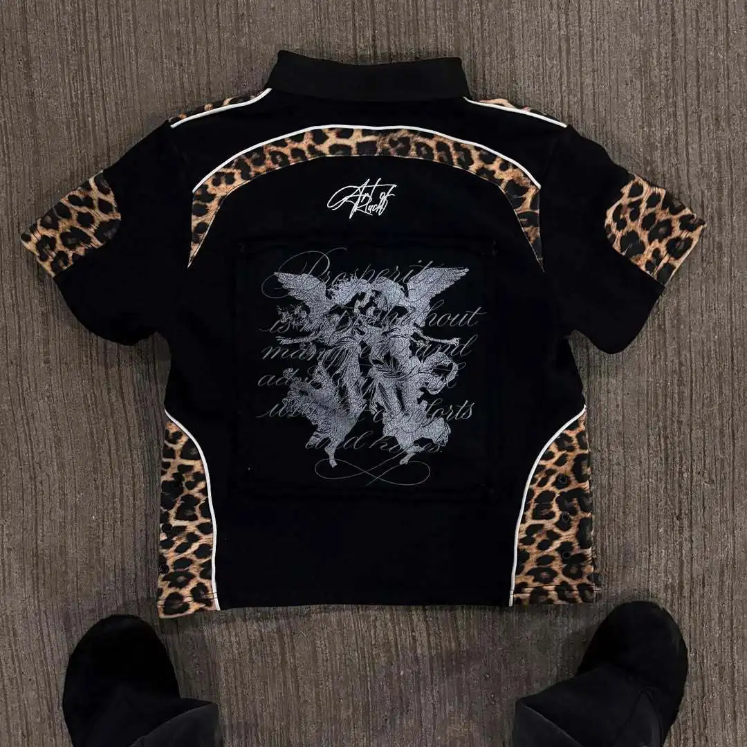 2026 Nouveau Été Rétro Punk Léopard Motif Épissage Polo, Lettre Gothique Imprimé À Manches Courtes Col, Rue À La Mode Décontrat