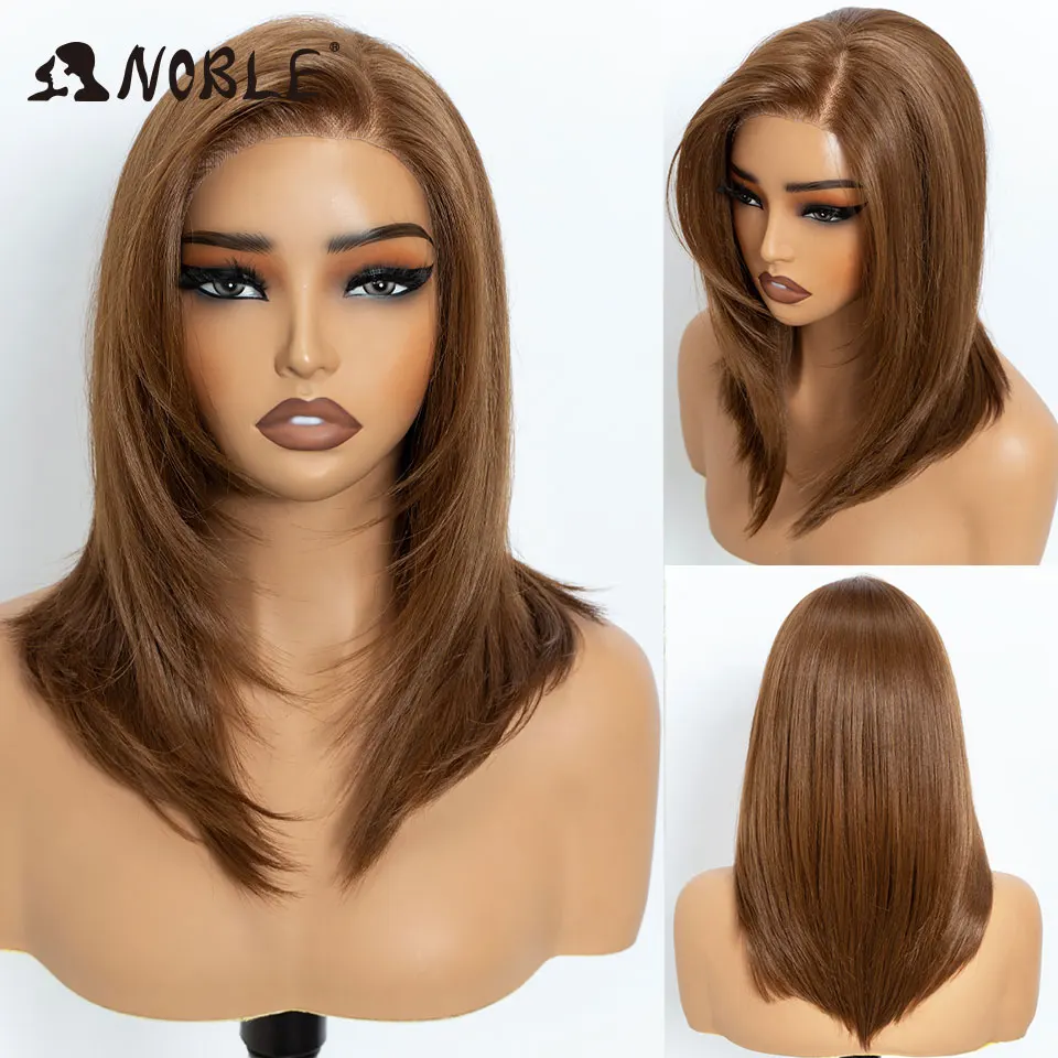 Edle synthetische Lace-Front-Perücken für Damen, 16 Zoll, 13x3, mit freiem Scheitel, vorgezupfte Bob-Perücken, gerade, geschichtet, Ombre-Braun, Lace-Front-Perücke – Detail 9