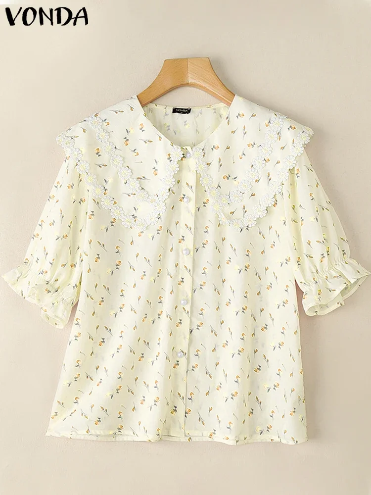 VONDA kwiatowy Print koszula damska letnie topy z krótkim rękawem moda koronkowy Patchwork Blusas Streetwear topy Tee tunika Oversize