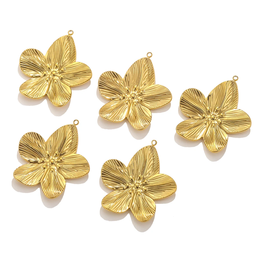 5pcs PVD Gold Stainless Steel Flower Charm Connectors For Earring Necklace Jewelry Findings DIY Large Flower Pendants Wholesale
