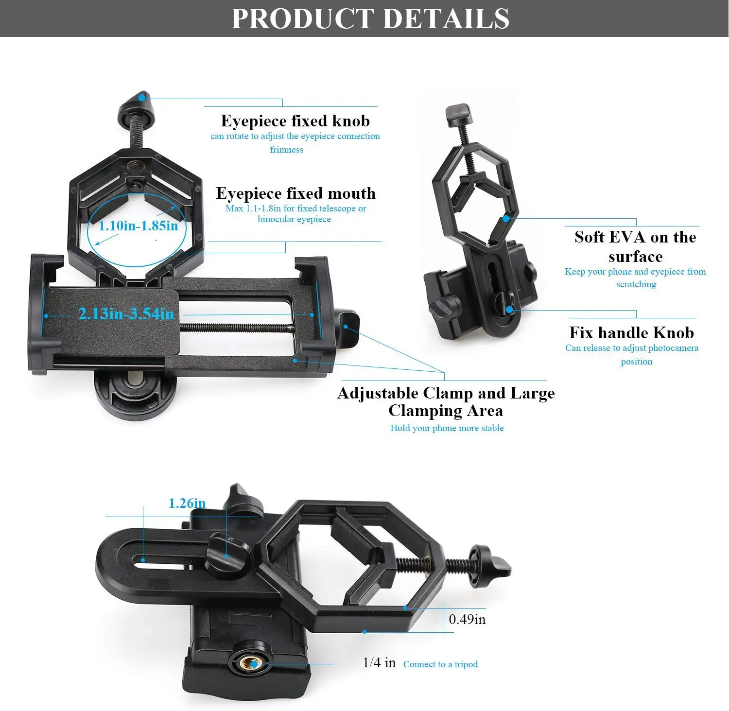 Universal Celular Adaptador, Clip Mount, Binocular, Monocular, Spotting Scope, Telescópio, Suporte do telefone, Ocular Suporte