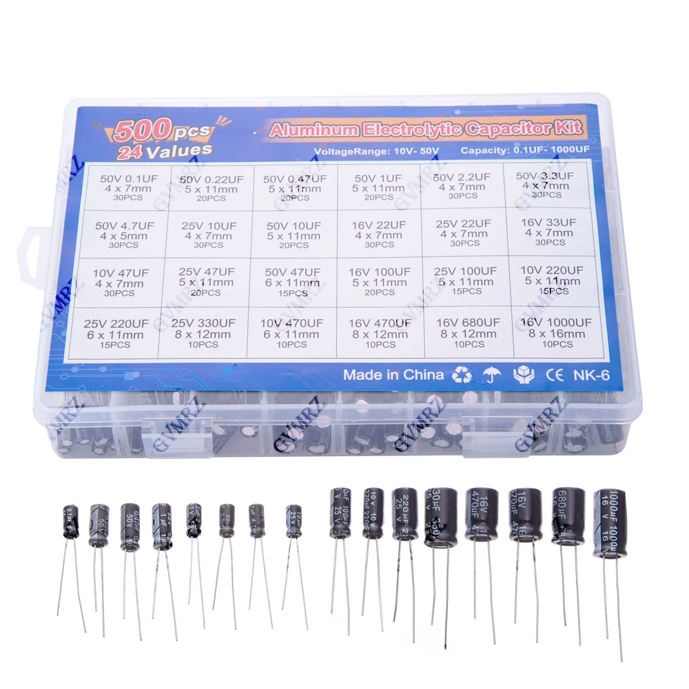 500PCS/lot 0.1UF-1000UF 24Values Aluminum Electrolytic Capacitors 16-50V mix storage box and Electrolytic capacitor Assorted kit