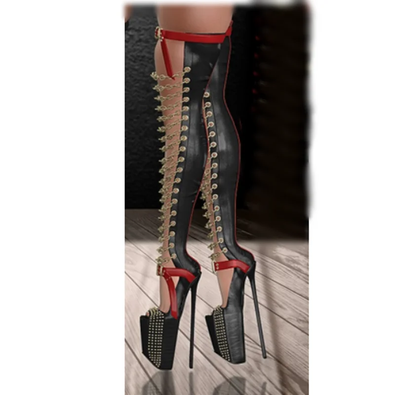 

Black Chain Hollow Over Knee Boots Peep Toe Thin High Heel Fashion Sexy Cool Summer Big Size 2025 Woman Shoes Zapatillas Mujer