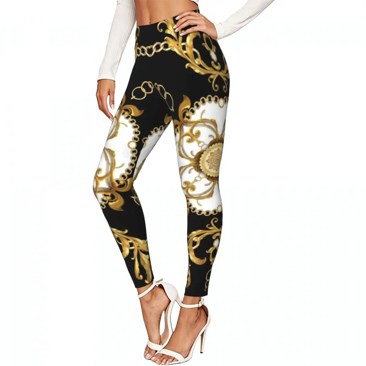 Golden Baroque With Animal Skin Women Leggings High Waisted Stretch Tights Workout Running Pants