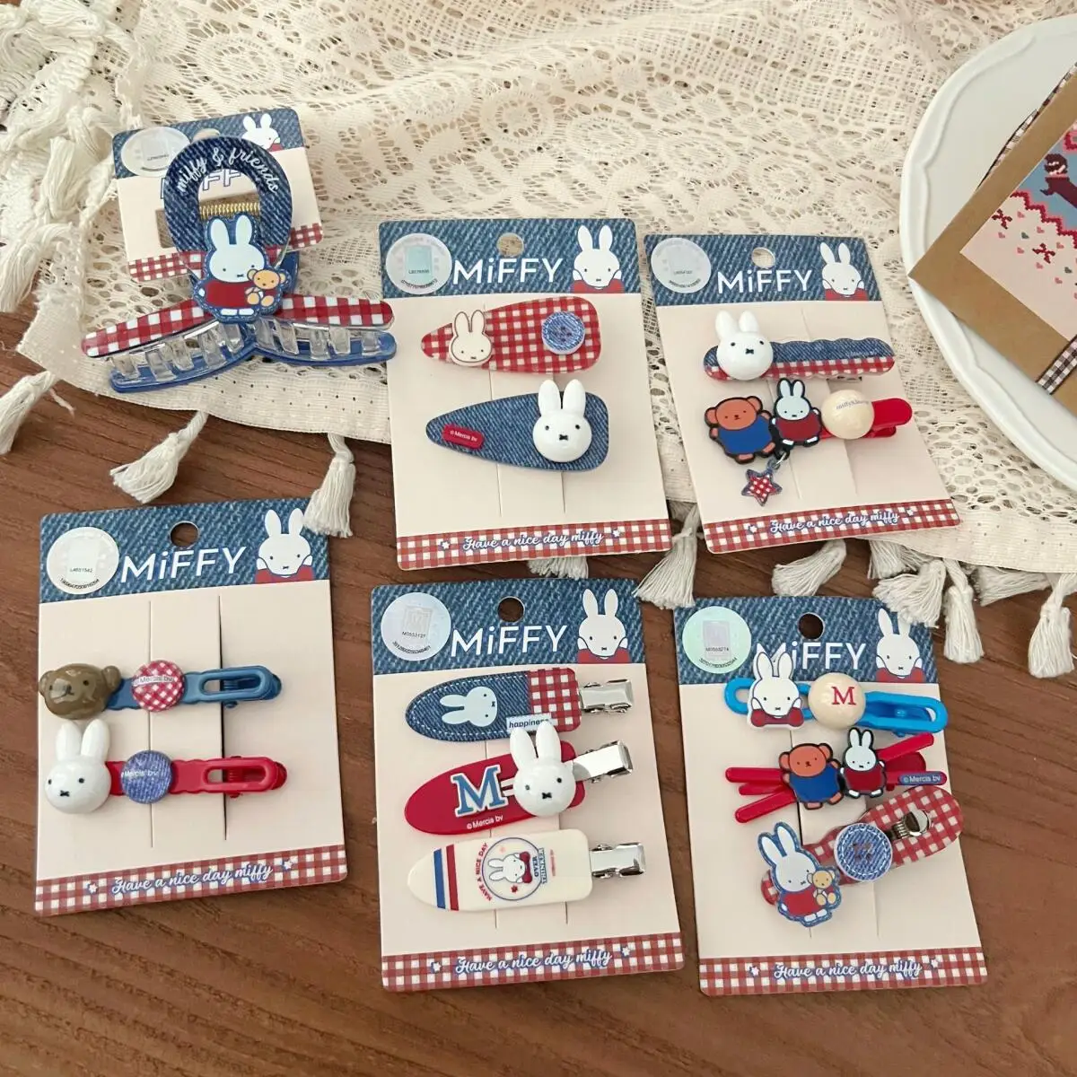 Conjunto de pinzas para el pelo de conejo Miffy, accesorios para el cabello femeninos de dibujos animados, pinza para el pelo de vaquero a cuadros para niña, accesorios Kawaii