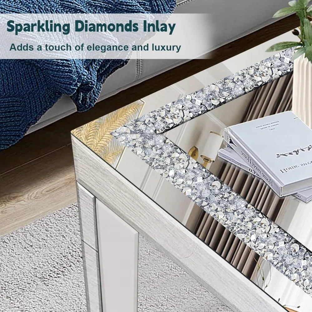 Gleaming Silver Coffee Table with Crystal Accents, Rectangular Glass Top with Mirrored Edges, Contemporary Living Room Centerpie