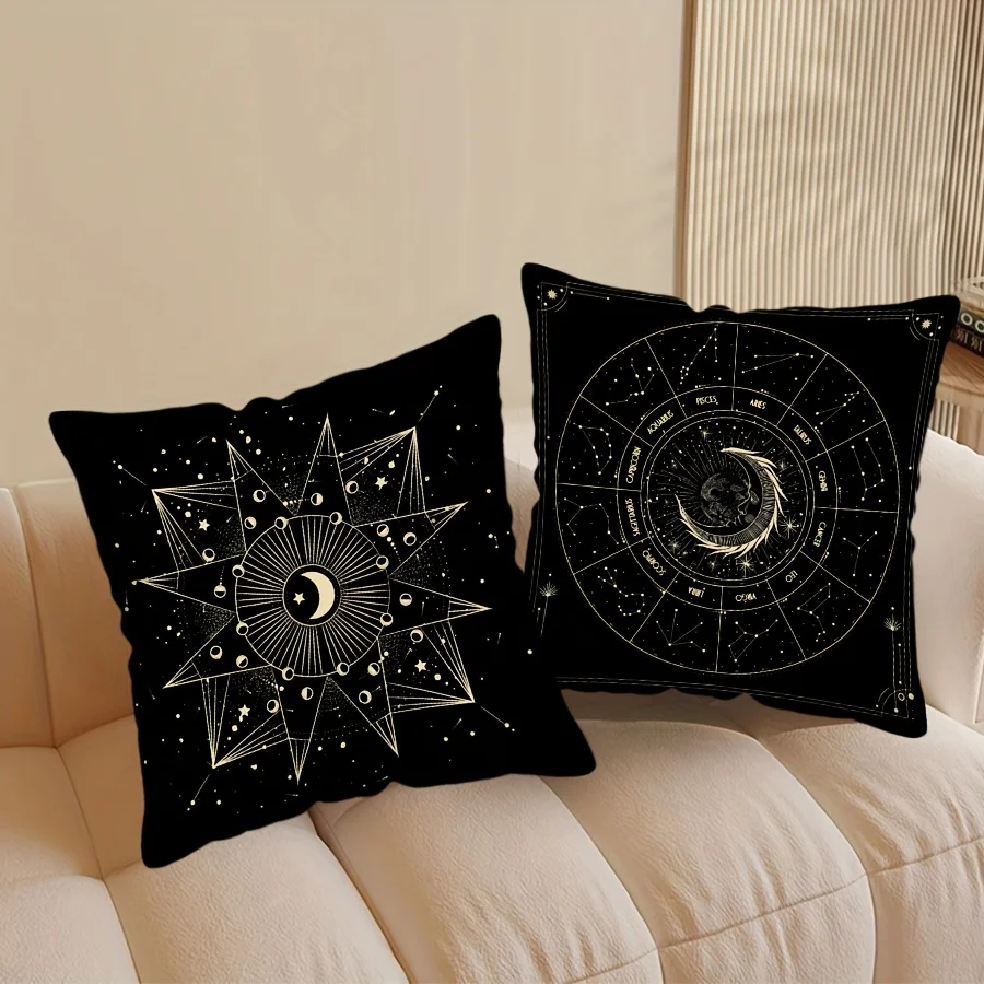Black throw pillowcases with a sun, moon, and starry sky pattern, suitable for home or office sofa upholstery.