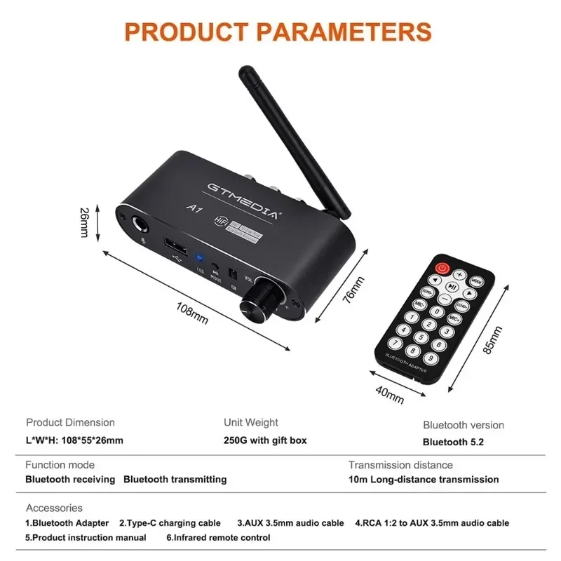 Bluthtooth 5.2 Audio Adapter Receiver Converter with 3.5mm audio+R/L output Adapter U Disk Play Mic IR Remote Control