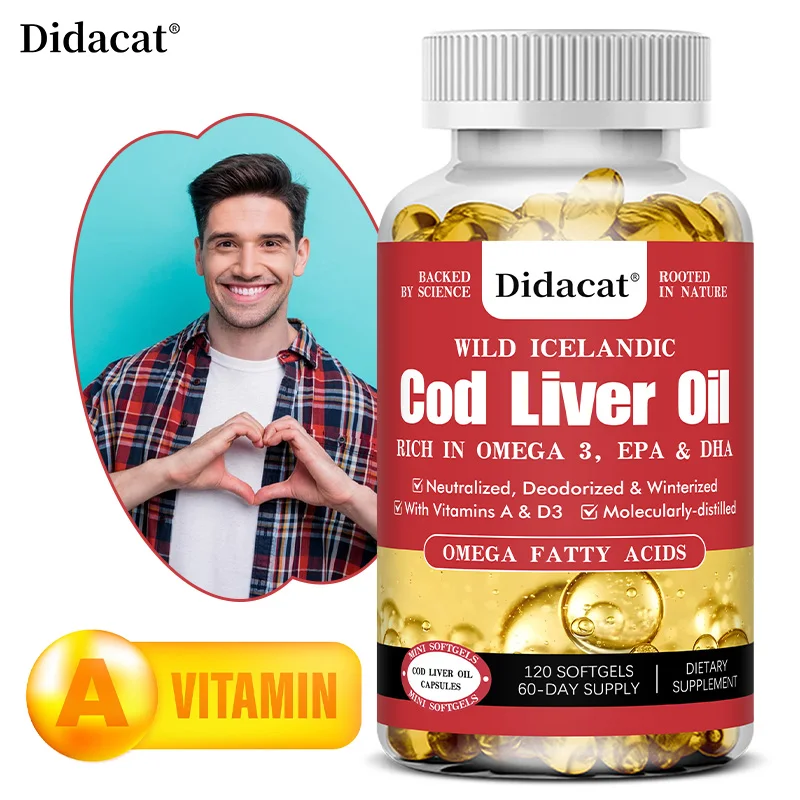Cod Liver Oil Capsules Fish Oil Omega 3+ Vitamins A & D3  - Supports Heart, Brain, Vision & Joint Health