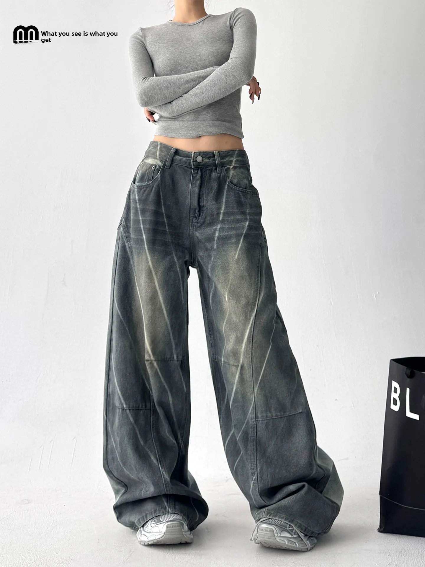 

Classic Blue Denim Jeans Women's Loose Casual High Waist Cotton Stretchy Straight Leg High-End Feeling Autumn Faion New Sle