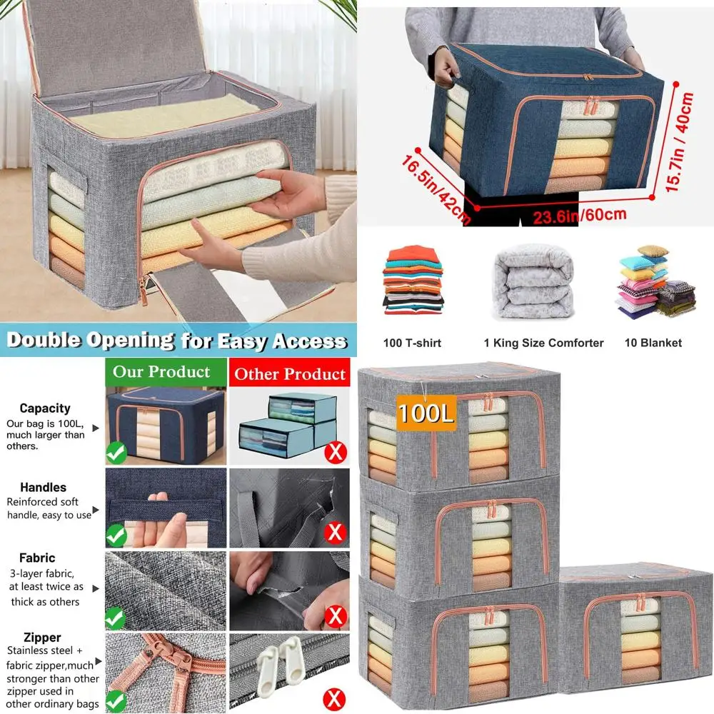 

Gray 100L Stackable Storage Bins with Metal Frame, Foldable Organizers for Clothes, Clear Window, Thick Fabric (4 Pack)