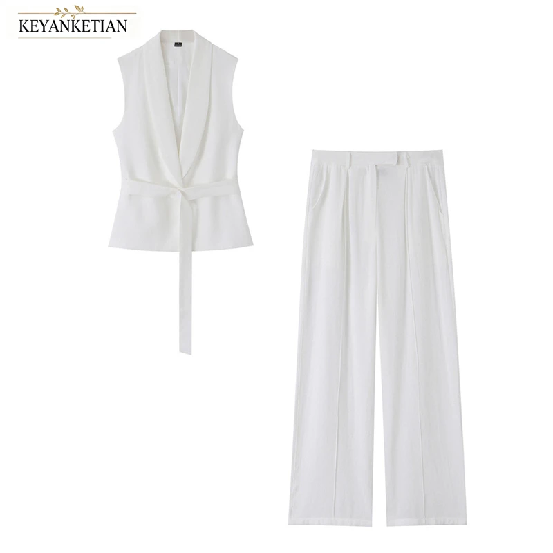 

KEYANKETIAN 2026 White Sleeveless Lapel Vest Tie Belt High Waist Wide Leg Pants Two Piece Suit Elegant Office Co Ord Outfit