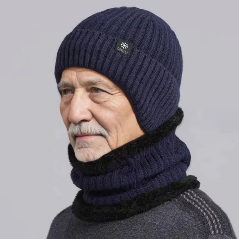 Conjunto elegante de 2 piezas para hombre, gorro de punto para papá, gorro de terciopelo, bufanda de lana de Coral para montar al aire libre, gorro grueso de protección para el cuello, Invierno