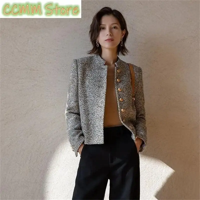 Spring Autumn Women's Coarse Flower Nimi Camel Color Short Coat Female Fashion Stand-up collar Single Breasted Overcoat