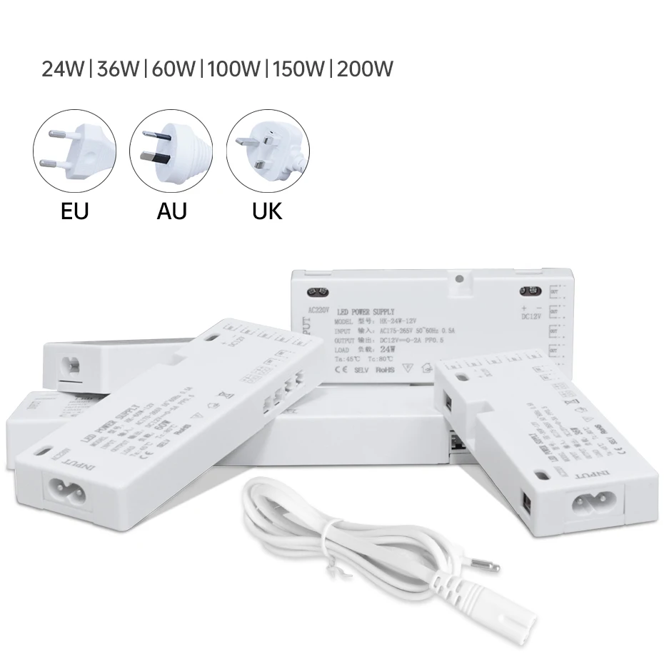 200W 150W 100W 60W 36W 24W LED Cabinet Light Strip Transformer AC220V to DC12V/24V for Home Wardrobe/Shelf with DuPont Port