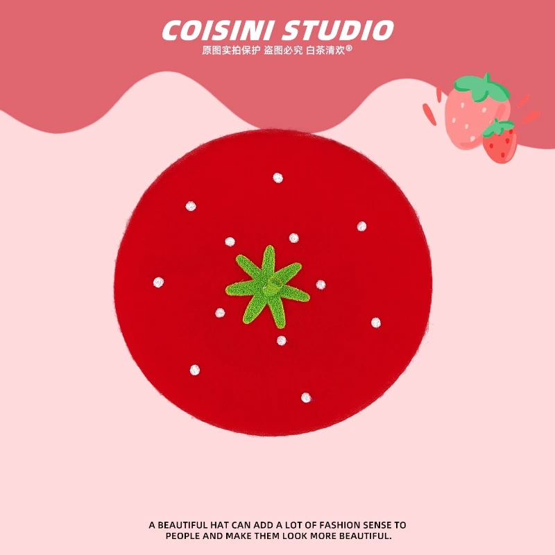 جديد لطيف الفراولة تصميم الصوف القبعات للنساء الخريف والشتاء السفر الدافئة تنوعا تظهر الوجه قبعة الرسام الأدبي الصغيرة