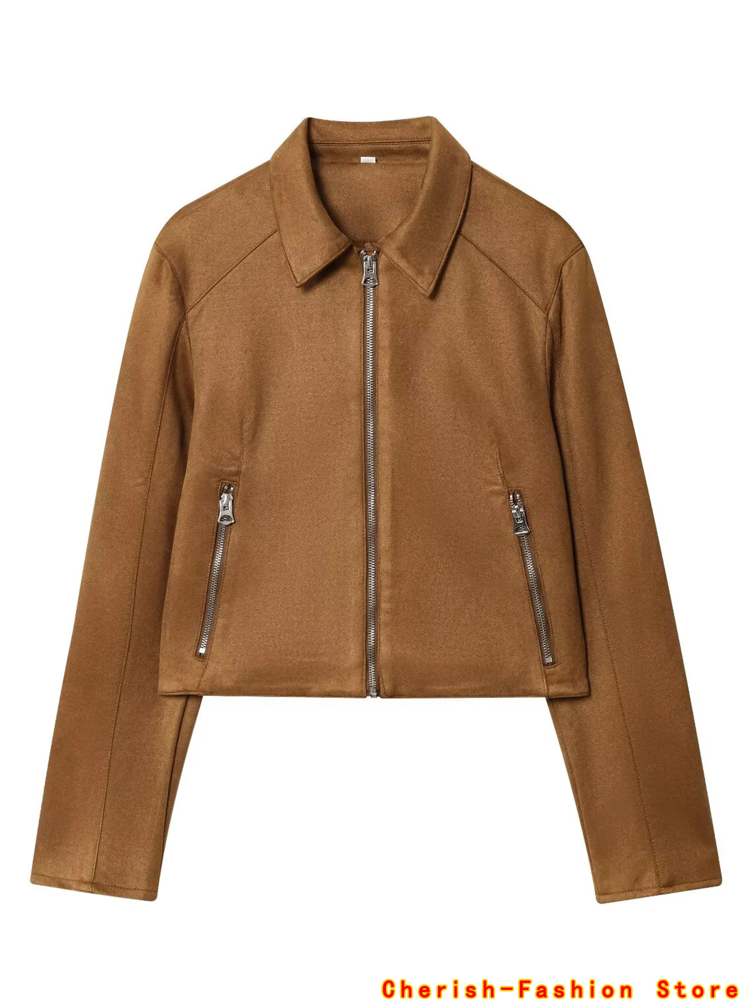 

2025 Female Outerwears Elegant Brown Imitation Deer Skin Velvet Jacket Women Lapel Long Sleeve Zipper Cardigan Tops with Pockets