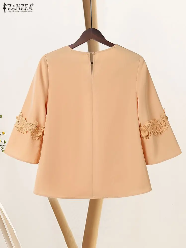 بلوزات نسائية أنيقة مرقعة من الدانتيل موضة الخريف من القماش برقبة مربعة 3/4 كم ملابس علوية بلون سادة ملابس نسائية من ZANZEA #2