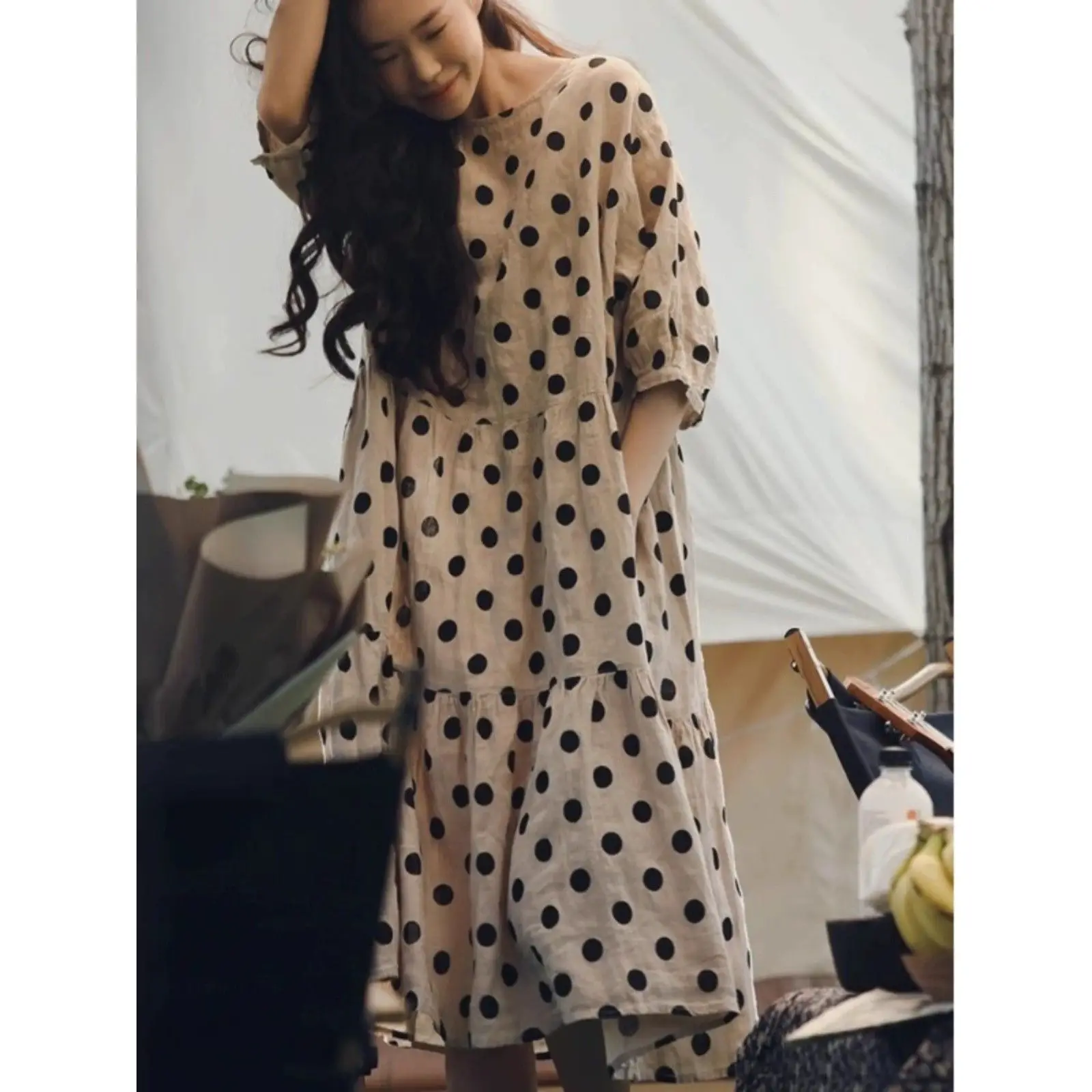 

Fashion Retro Cotton and Linen Polka Dot Dress for Women Loose Slim Puff Sleeve Linen Doll Skirt
